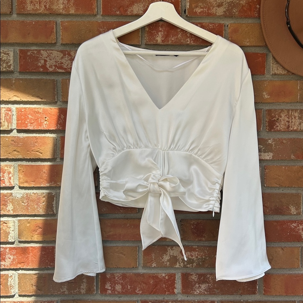 ZARA Bell Sleeve White Satin Shirt (M)